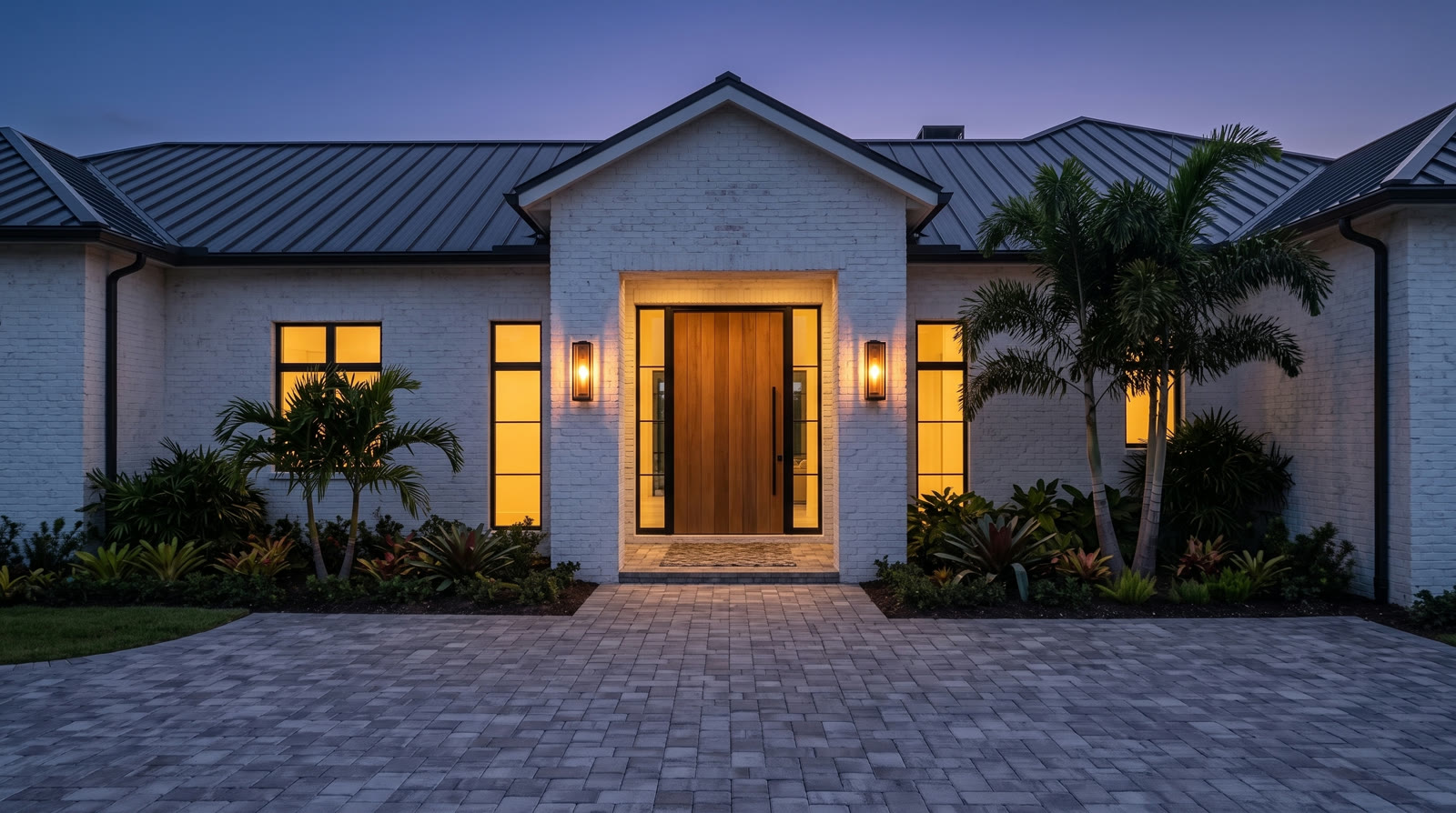 Closed teak front door at the end of the paver driveway