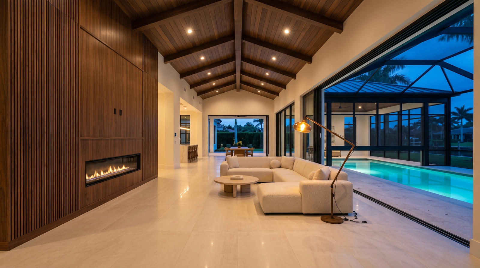 Great room with fireplace wall and glass sliders to the pool room