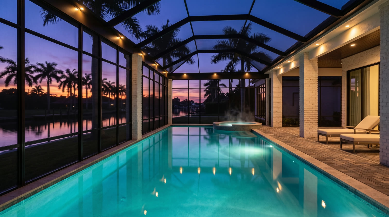 Glass pool room at sunset over the canal